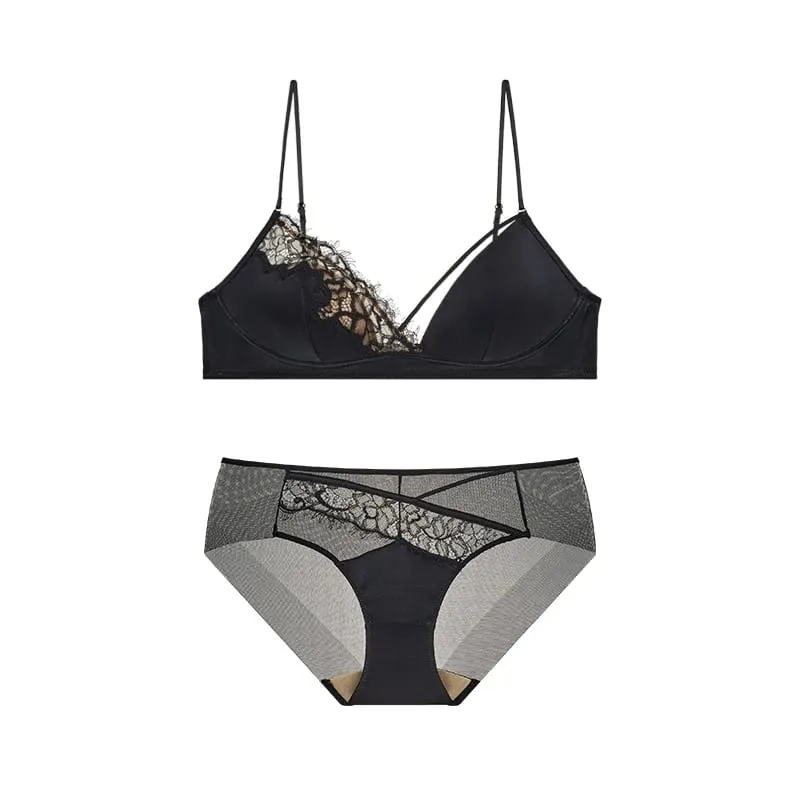 French Style Lace Bra Bralette Small Breasts No Underwire Triangle Cup Thin Strap Sexy Push Up Lingerie Set Women's Underwear