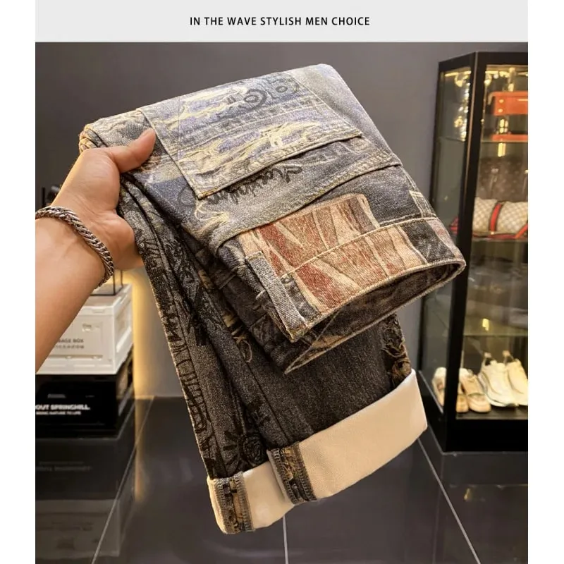 American high-end retro printed design jeans men's 2025 autumn new cool and loose straight leg long pants