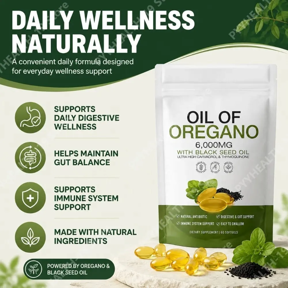 Oil of Oregano Softgels with Black Seed Oil 6000mg Carvacrol Thymoquinone For Immune Gut Digestive Support Adult 60 Softgels