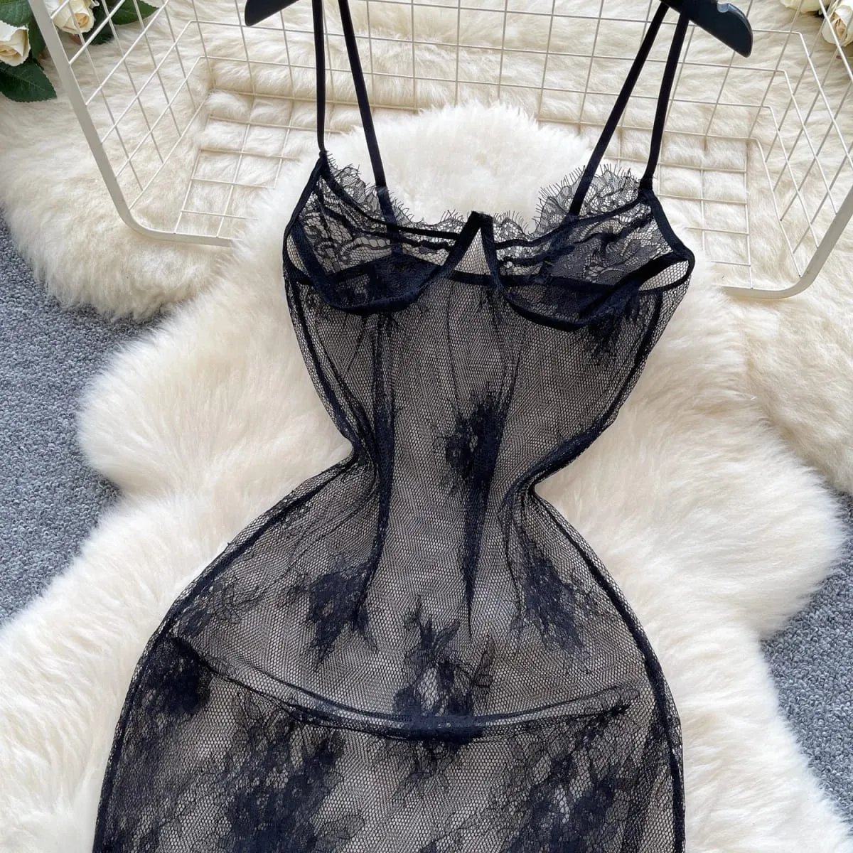 Woman Fashion Thin See Through Slim Fit Pure Desire Dress Women New Vintage Sexy Halter Mesh Embroidery Purple Long Dress