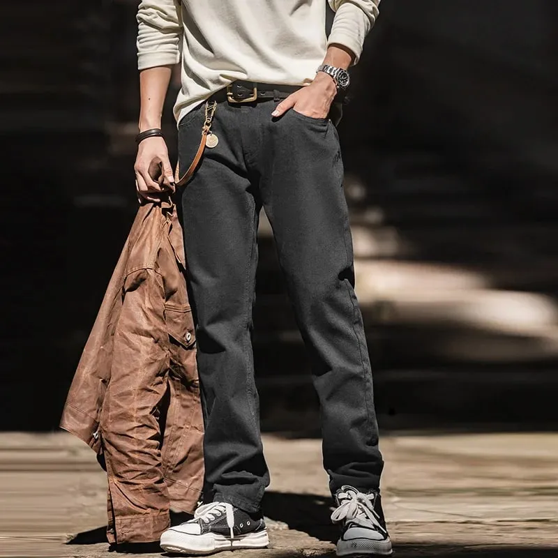 Maden Men's Vintage 12.8oz Black Washed Denim Jeans Mid Rise Straight Classic Casual Zip Fly Pants for Autumn Versatile Trousers