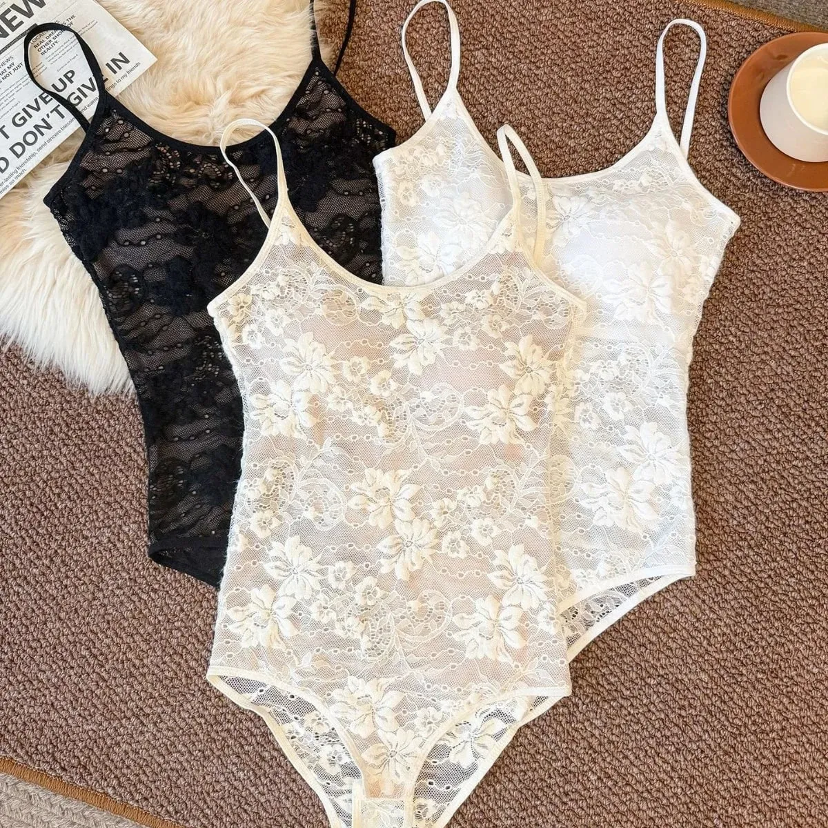 Sexy See Through Lace With Lining Elastic Spaghetti Strap Bodysuit Woman Sling Tight Short Jumpsuit Slim Fit Rompers Playsuits
