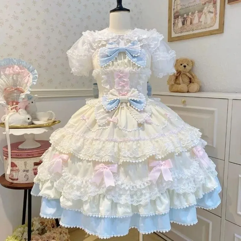 Y2K Sweet Lolita Jks Strap Dress Women Solid Ruffle Lace Bow Patchwork Kawaii Princess Ball Gown Knee-Length Elegant Party