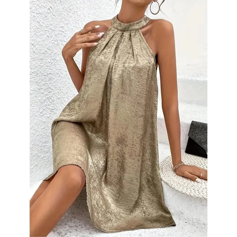 Champagne Color Women's Halter Neck Cold Shoulder Tie-Back Spaghetti Strap Sleeveless Summer Dress Fashion