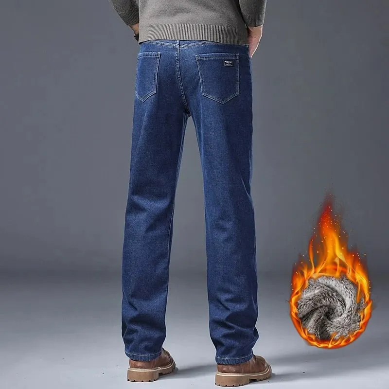 Pantalones vaqueros gruesos con forro polar para hombre, pantalones vaqueros ajustados elásticos cálidos de invierno, pantalones cómodos y suaves para ropa de trabajo diaria