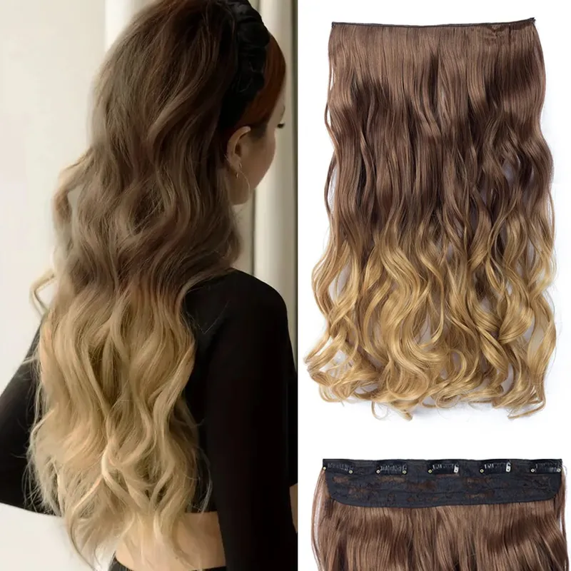 24-calowe Ombre Dip Dye Długie kręcone doczepiane włosy Dwukolorowe grube syntetyczne treski na całą głowę (od czarnego do ciemnoczerwonego)