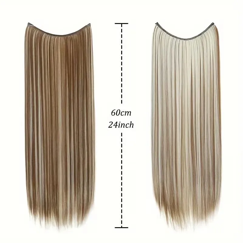 24Inch Synthetic Long Straight Hair Extension Invisible Fishing Line Heat Resistant Hairpiece for Women Daily Use