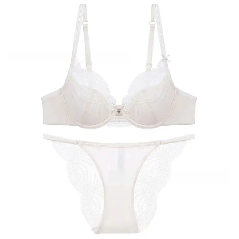 Hollow Thin Cup Women Lingerie Set Seamless French Style Push Up Bra Set Silk Satin Lace Embroidery Lingerie Women Intimates