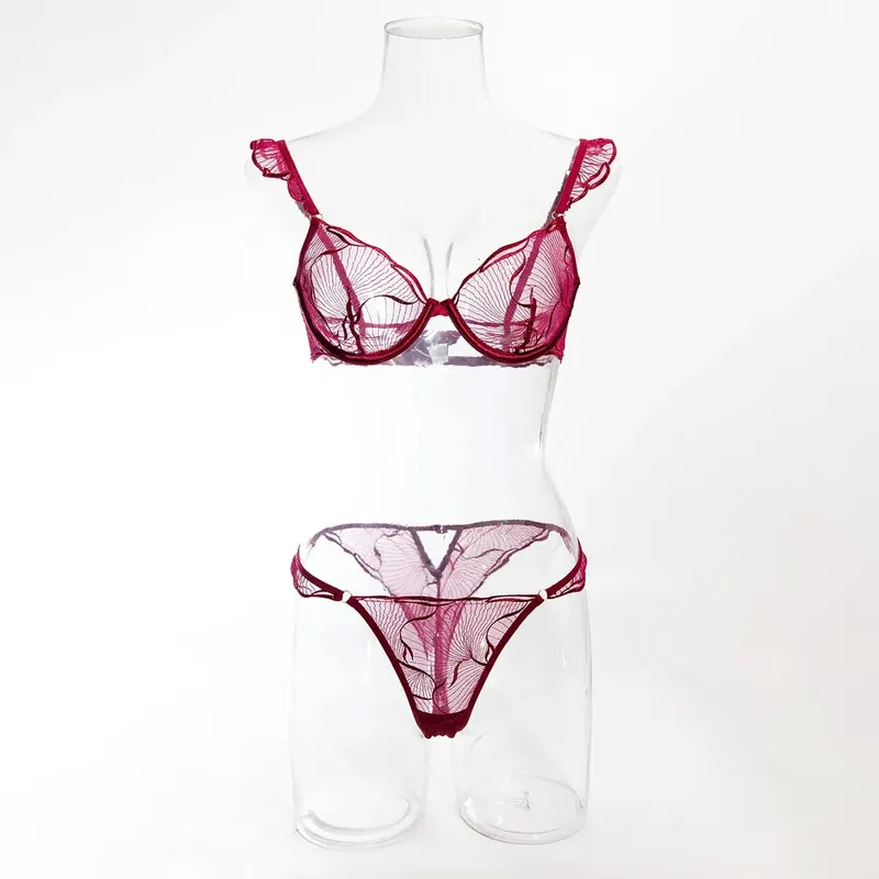 Ultra Thin French Floral Lace Bra Set Women Hollow Embroidery Minimizer Brassiere Soft Breathable Daily Lingerie 32-38ABC セクシーな