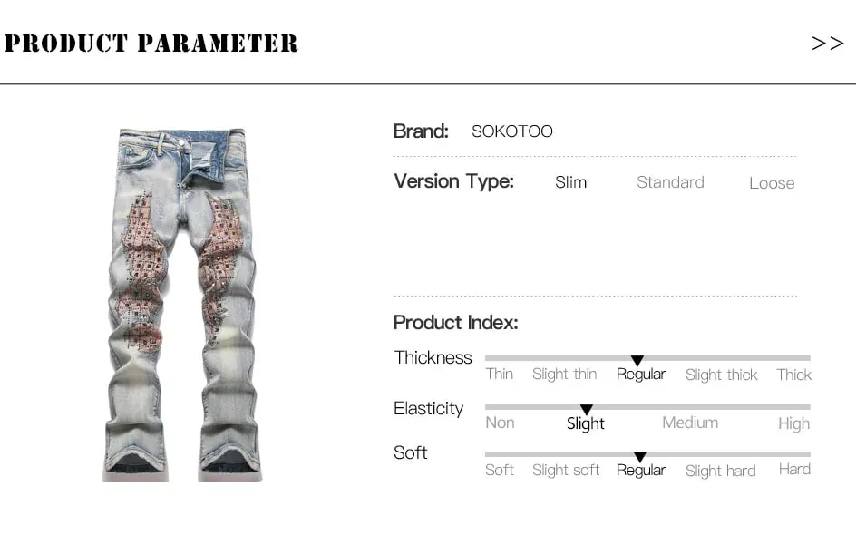 Men's Wing Patch Boot Cut Jeans Rivet Crystal Slim Flared Pants Embroidery Vintage Blue Denim Trousers — image 7