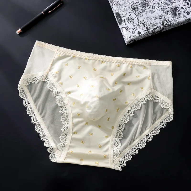 Sexy Lace Mens Briefs 3D Pouch Floral Edge High Elastic Sweet Heart Bow Print Mesh Splicing Underwear