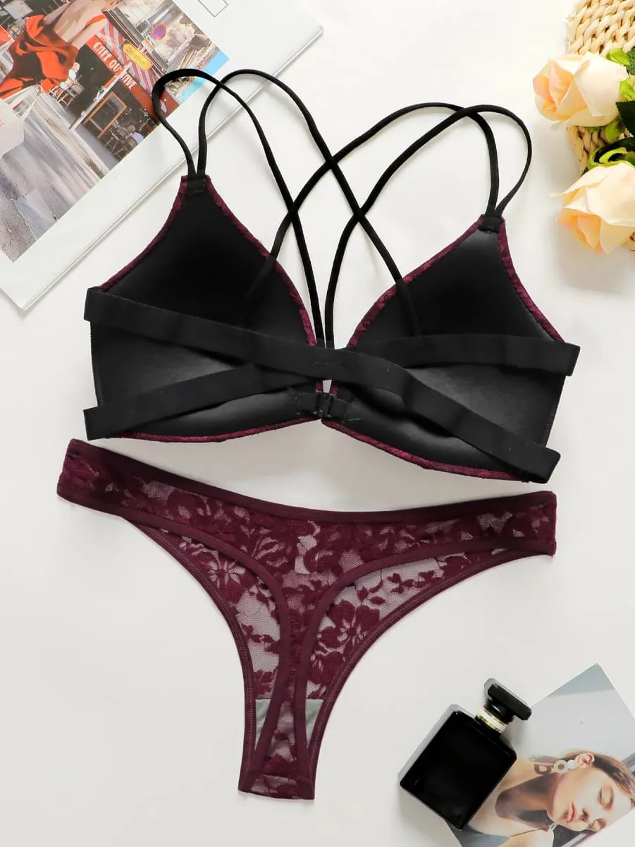 Sexy Burgundy Red Lace Wireless Front Closure Bra Set Push Up Padded Bralette & G-string Women Romantic Lingerie Set 70B-85B