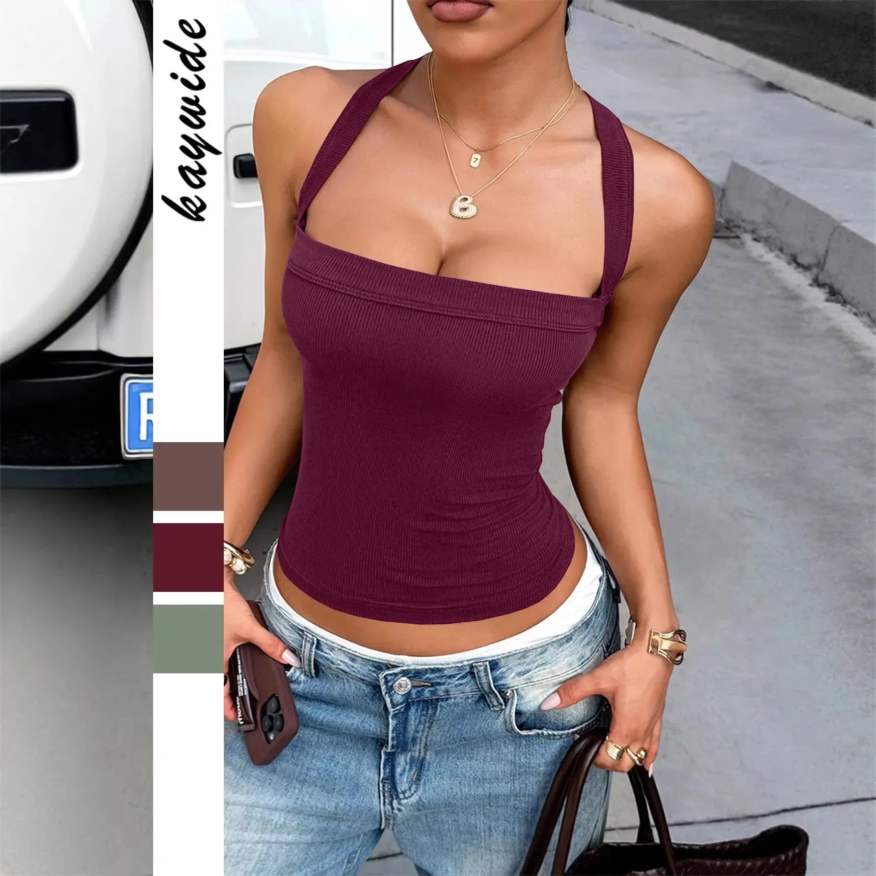 Women Ribbed Knit Camis Top Square Neck Wide Strap Cross Shoulder Strap Slim Fit Crop Tank Top Y2K Streetwear Sporty Daily Vest