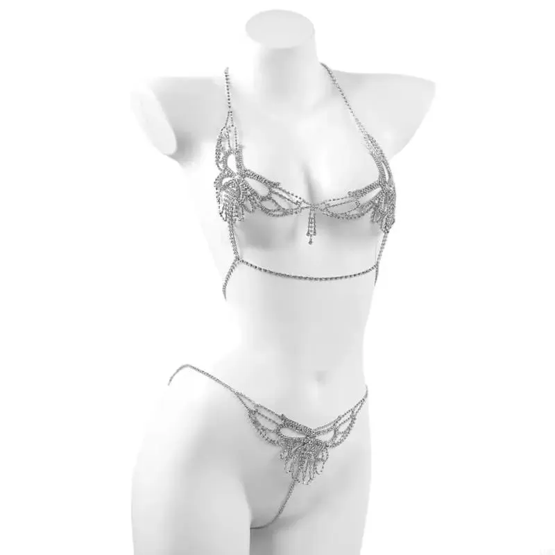 Rhinestones Outfit Body Jewelry Accessory Women's Bra Top and Panties Thong Body Chain Set for Vacation Wear