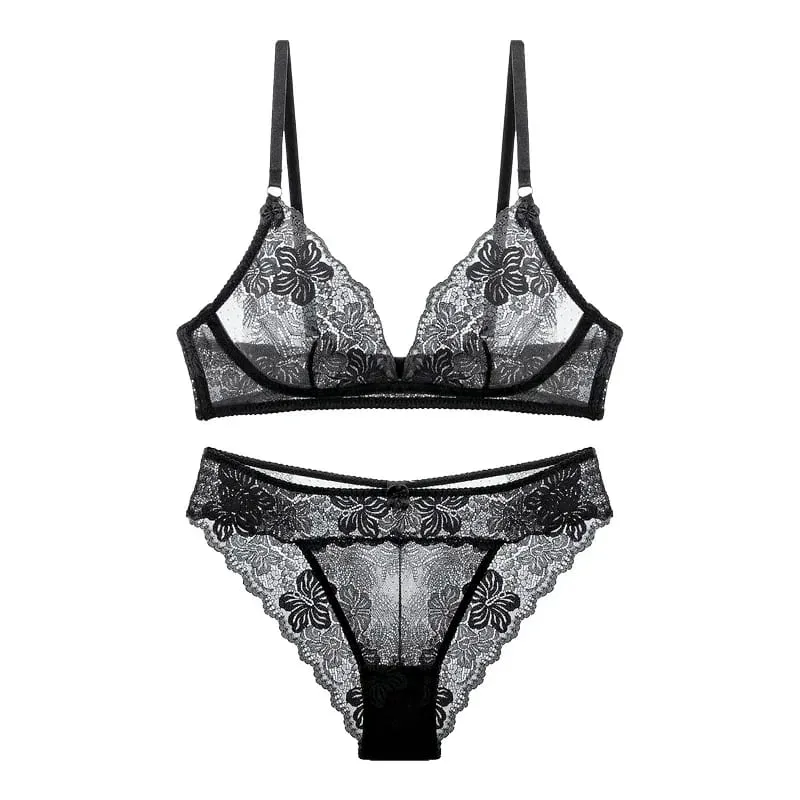 Sexy Black Lace Lingerie Set for Women Comfortable Wireless Bra & Panty Set Large Size