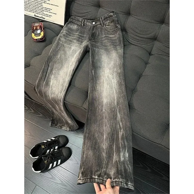 Vintage Men's Jeans Man Pants High Street Washed Denim Blue Jeans Straight Leg Slight Flare Casual Trousers