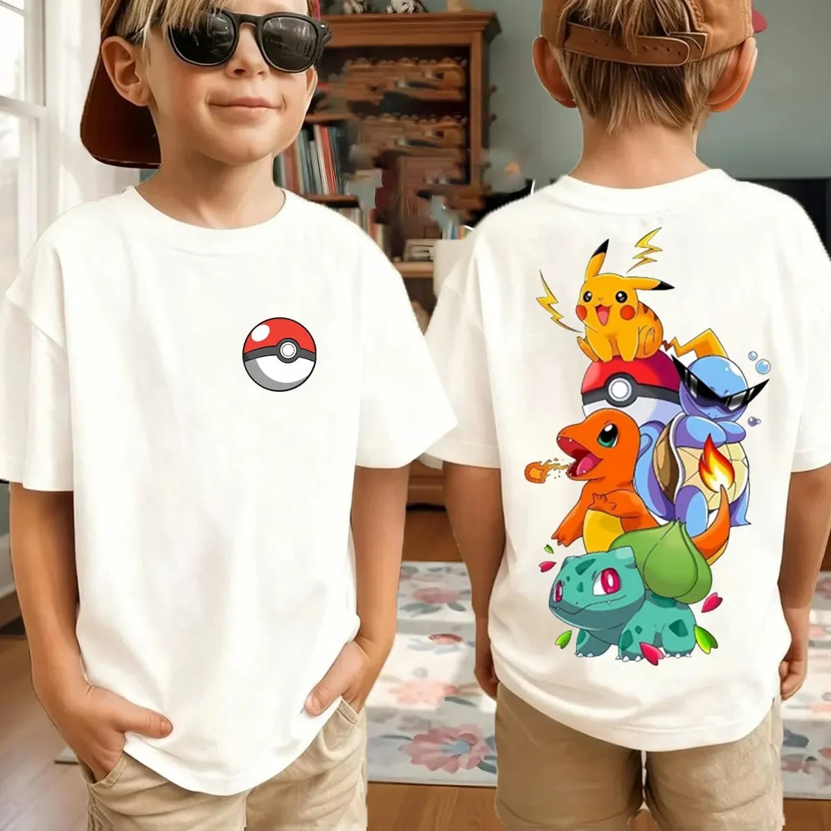 Summer Pokémon AnimeT-shirts Boys Pure Cotton Short-sleeved Top Casual Suitable for Both Boys and Girls Parent-child Outfits.