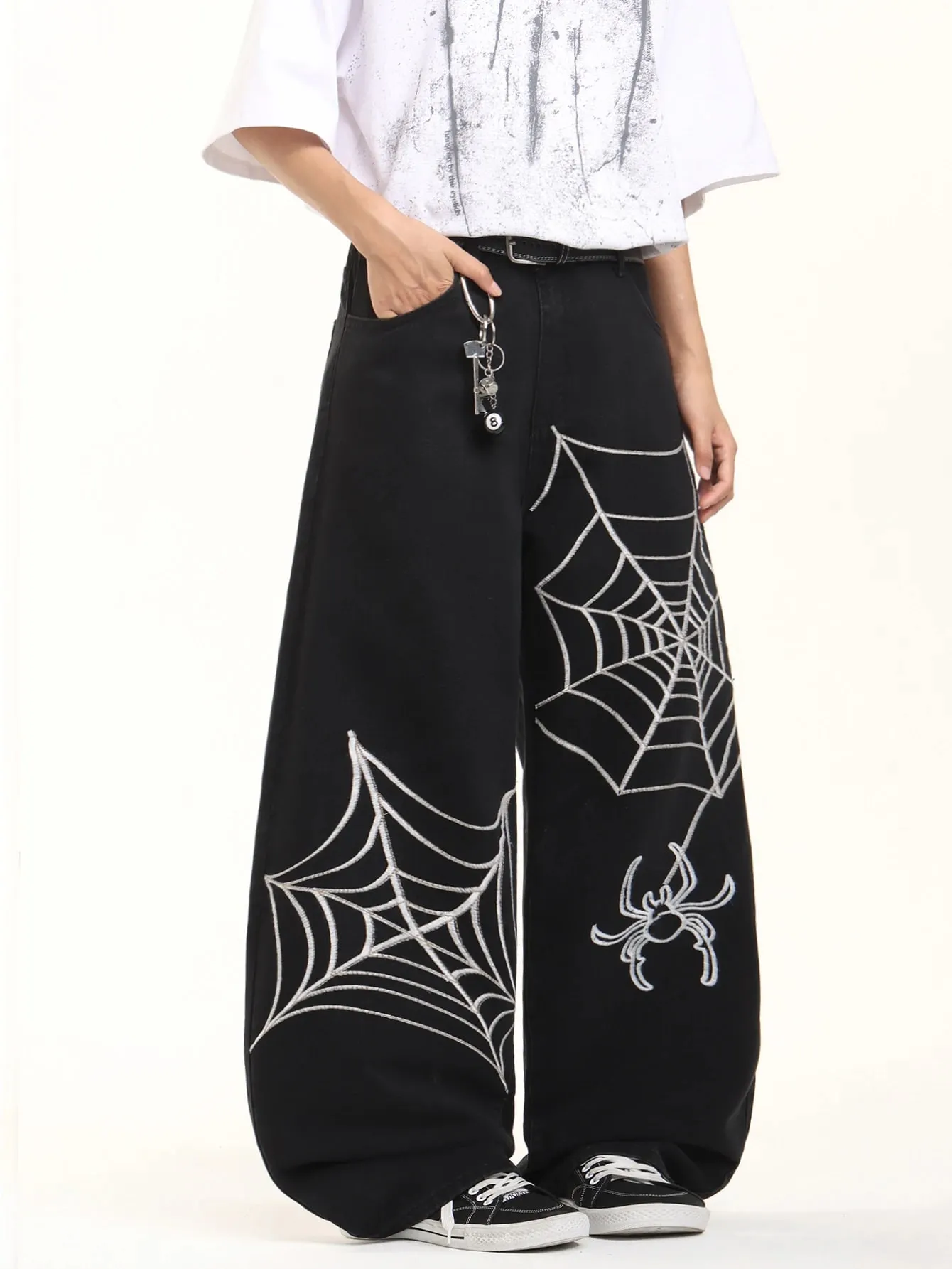 Men's Versatile Jeans Men's Baggy Wide Pants American High Street Style Spider Web Embroidered Men's Trousers All Seasons