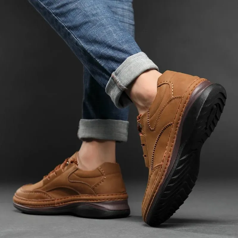 Men Handmade Stitching Cowhide Shoes Casual Lace Up Walking Footwear Comfort Non Slip Rubber Sole Breathable Outdoor Daily Shoes
