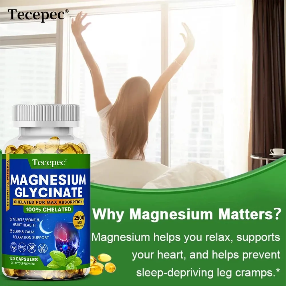 Magnesium Glycinate Capsules 2500mg - Dietary Supplement for Muscle Nerve Bone and Heart Support - Gluten Free Non-GMO