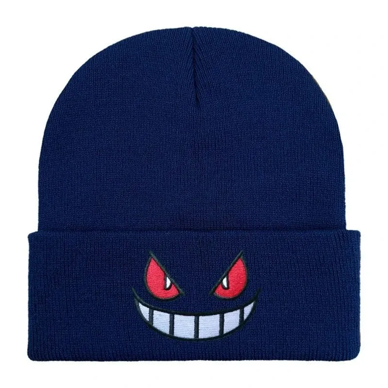 Pokemon Gengar Kartun Bordir Beanies Rajutan Skullies Musim Gugur Musim Dingin Topi Wol Hangat Gengar Wanita Pria Beanies