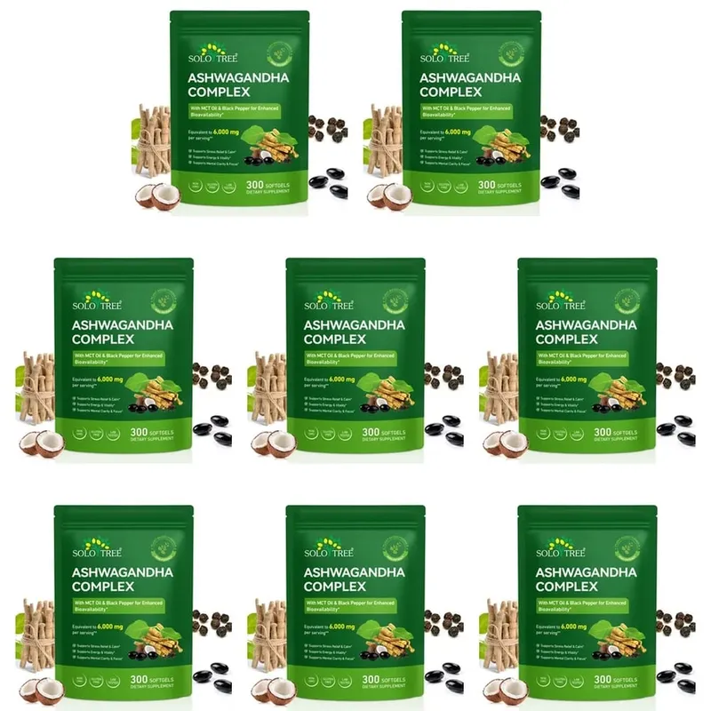 A Solo Tree Ashwagandha Complex lágyzselé támogatja a stresszoldást, megnyugtatja a mentális tisztaságot MCT olajjal és fekete borssal 300 lágyzselével