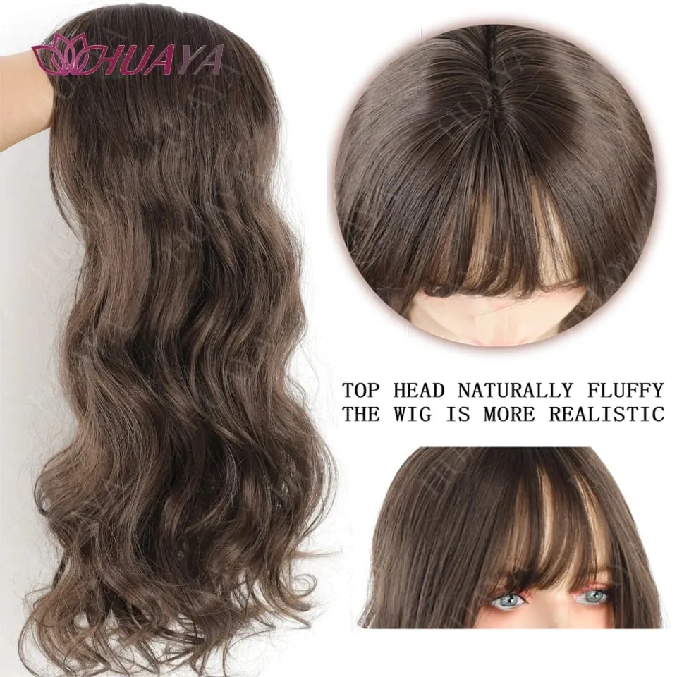 Synthetic 3 Clips In Topper Long Wavy Hairpiece Black Brown Women Fake Hair Clip In Hair Extensions With Bangs Fake Hairpiere