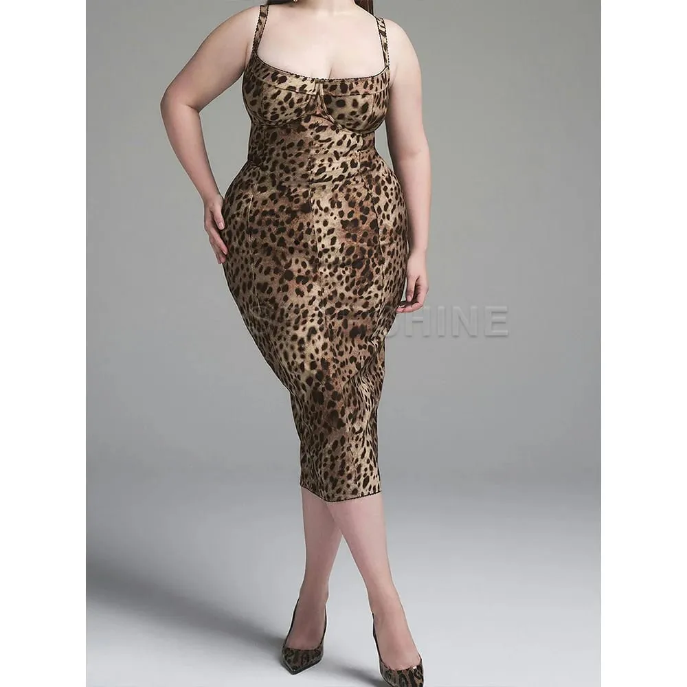 Sexy jurk met luipaardprint, mouwloos ingerichte stretch bodycon halfhoge kuitjurk clubwear avondfeestjurken