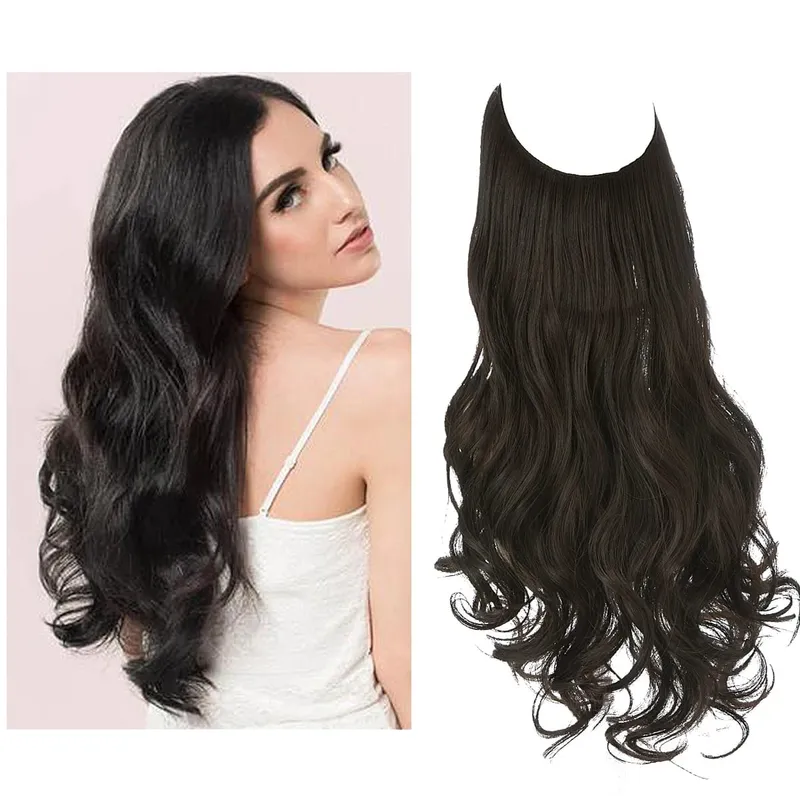 Sintético sem clipes na extensão do cabelo natural ombre preto loiro rosa uma peça onda longa fio invisível falso pedaço de cabelo