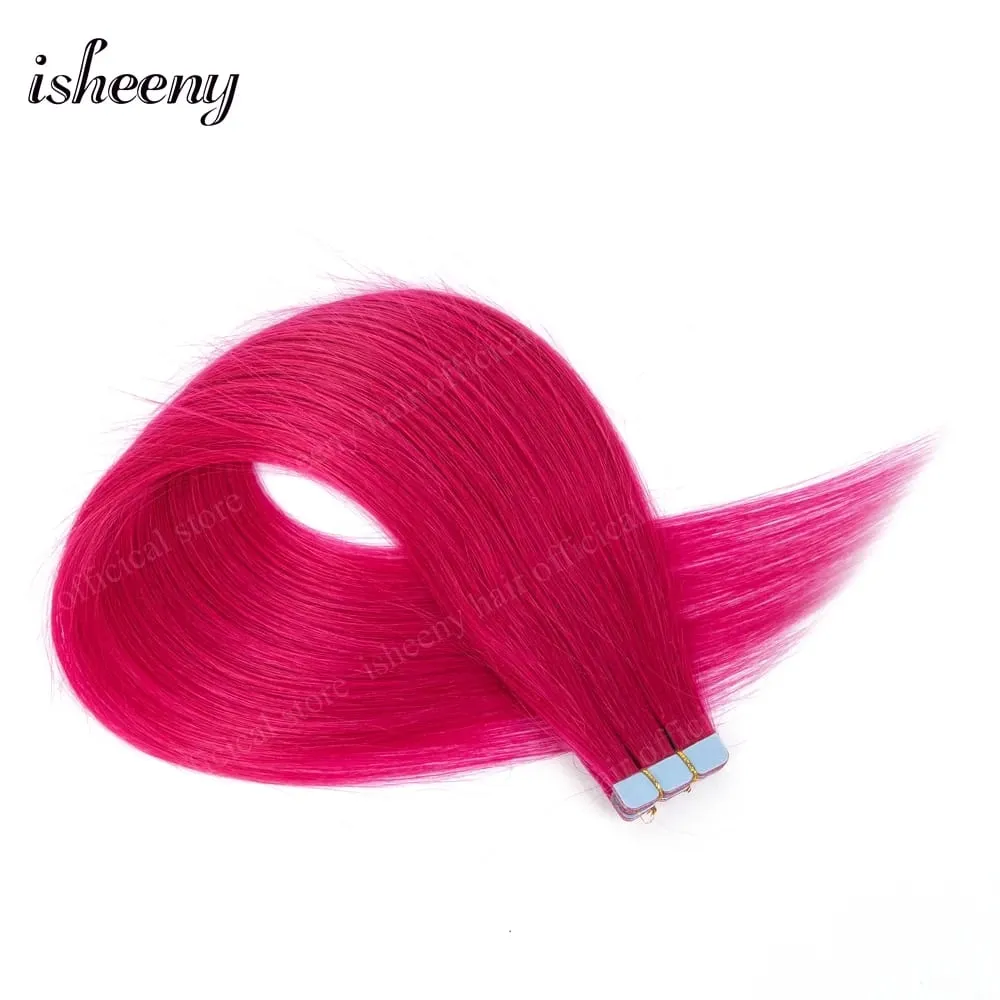 Isheeny 12' 16' 20' Tape In Hair Extensions Invisible Adhesive Tape In Hair Extension 10pcs/pack Pink Purple Blue Colorful Hair