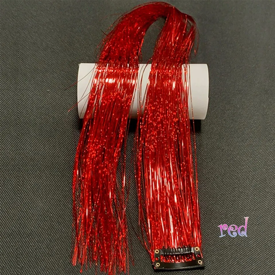 Long Straight Hair Tinsel Glitter Shiny Sparkly Synthetic Color Fresh Laser Clip in Hair Extensions Women Party Hair Accessori