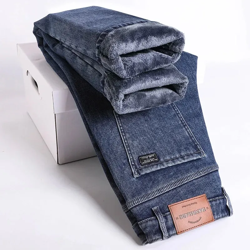 2027 New In Slim Straight Elastic Denim Winter Fleece Thick Warm Jeans Men's Pants Casual Male Clothing Fashion Plush Trousers