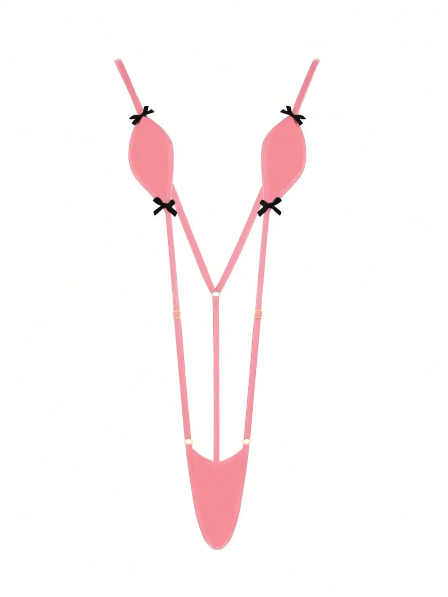 Adjustable Belt Mini-Bikini Lingerie with Suspenders Kawaii Bow-Knot Detail Sexy Erotic Swimsuit Jumpsuit for Women