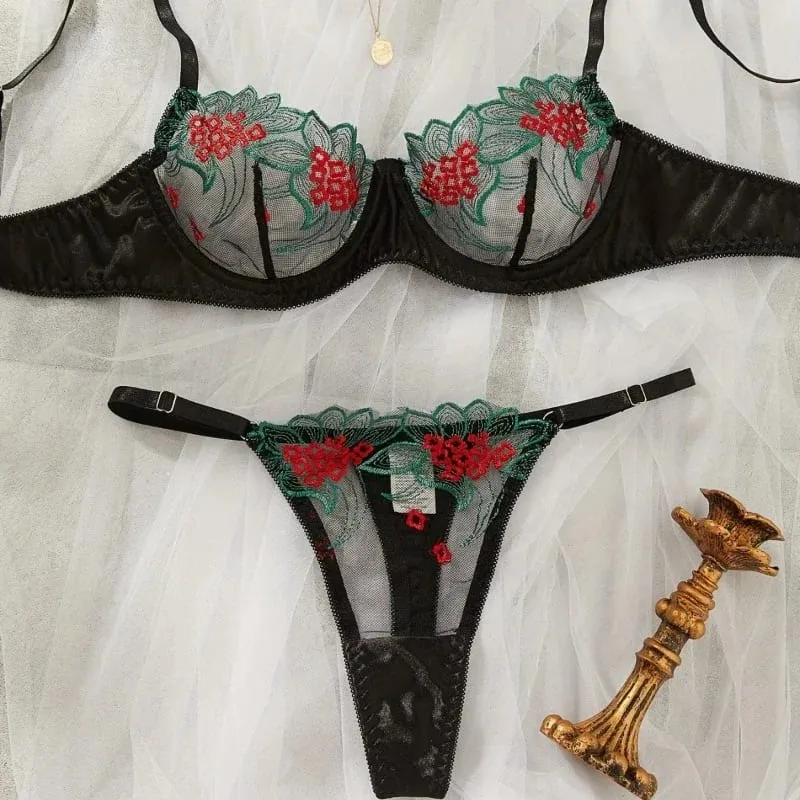 Women's Floral Embroidered Lingerie Set Two-piece Embroidered Bra Set - Black and Red Underwear Set