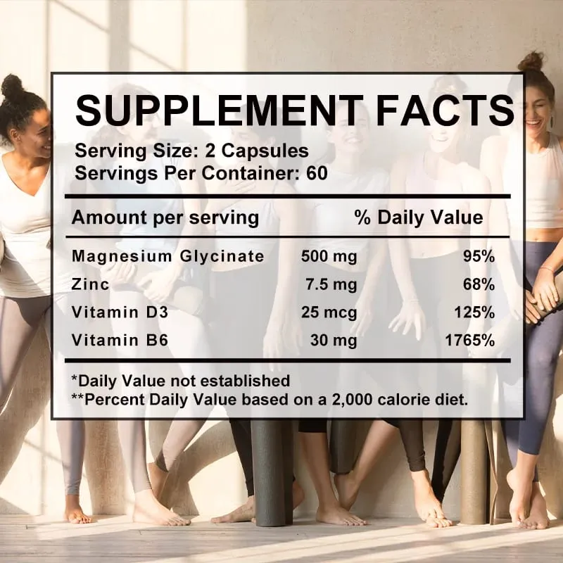 แมกนีเซียม Glycinate D3 B6 แคปซูลสำหรับผ่อนคลายกล้ามเนื้อเส้นประสาทและอาหารเสริมสุขภาพหัวใจ