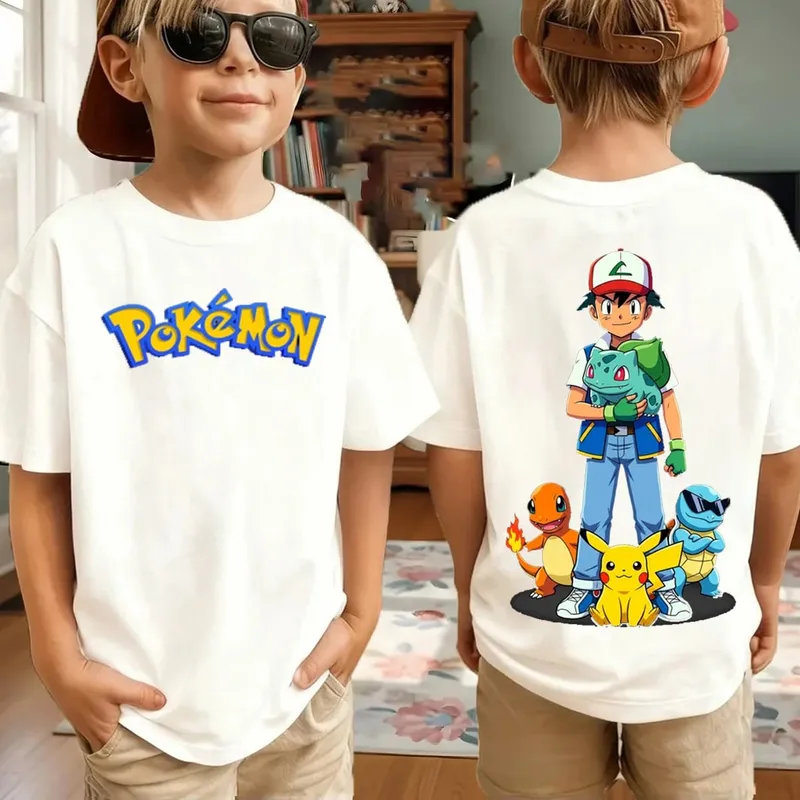 Summer Pokémon AnimeT-shirts Boys Pure Cotton Short-sleeved Top Casual Suitable for Both Boys and Girls Parent-child Outfits.