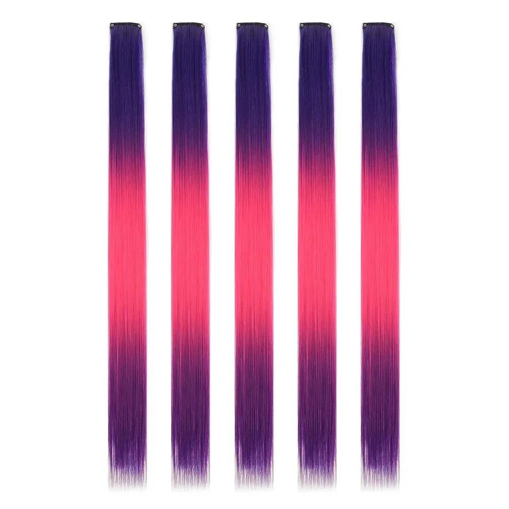 Extensions de cheveux synthétiques à clips, postiches colorées à reflets de fête pour filles, cheveux lisses multicolores de 18 pouces, 5 pièces/ensemble