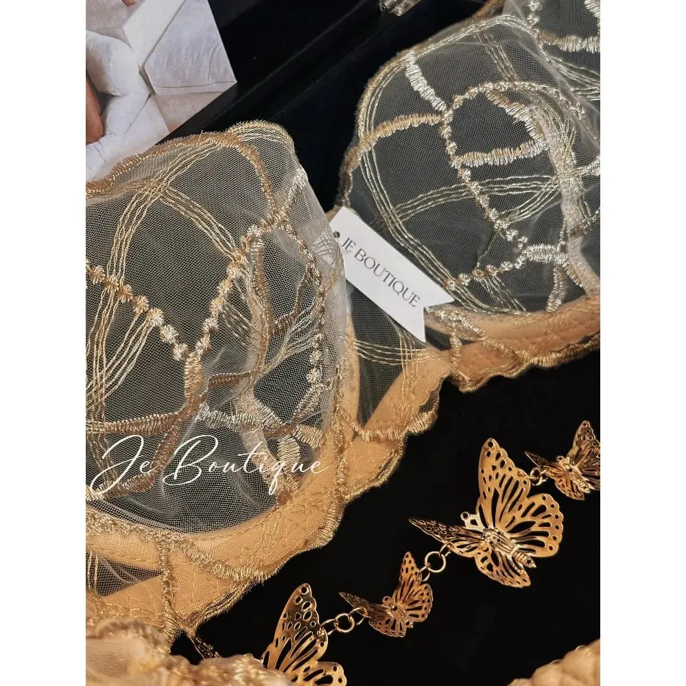 Luxury Lace Shiny Gold Embroidery Sexy Lingerie Set Women Bra + Thong Panties Transparent Erotic Night Party Intimate Underwear