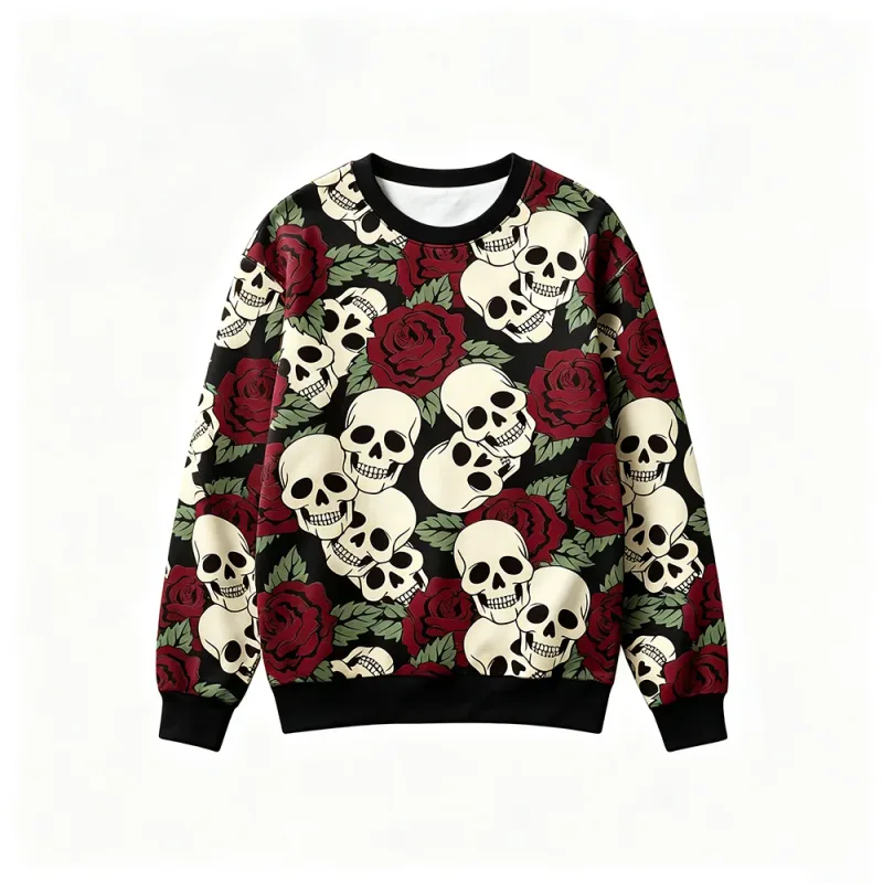 Gothic Style Skeleton Rose Print Sweatshirt Men's Retro Casual Crew Neck Pullover Clothes Harajuku Hip‑hop Street Fashion Tops