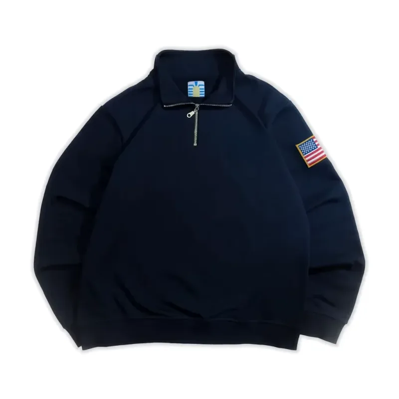 Y2K American Flag Embroider Hoodies Quarter Zip Sweatshirts Men Navy Blue White Pullover Patch Sleeve Streetwear Casual Sweater