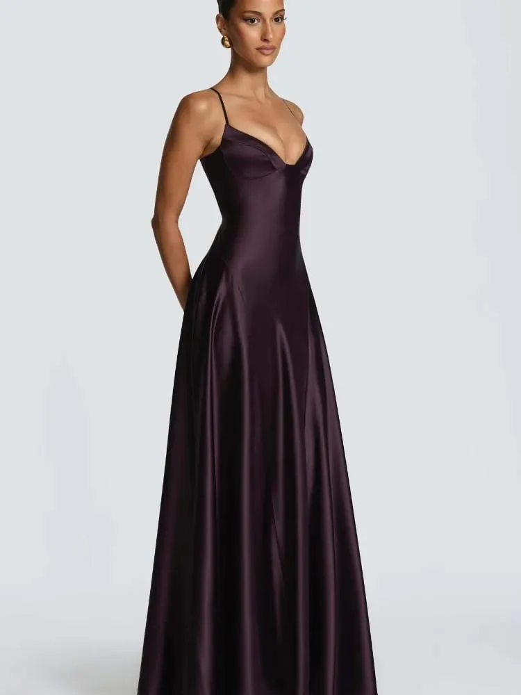 Butter Yellow Women Satin Slip Maxi Dress Elegant Spaghetti Strap A-line V Neck Waist-cinching Summer Lady Formal Evening Gown — image 5