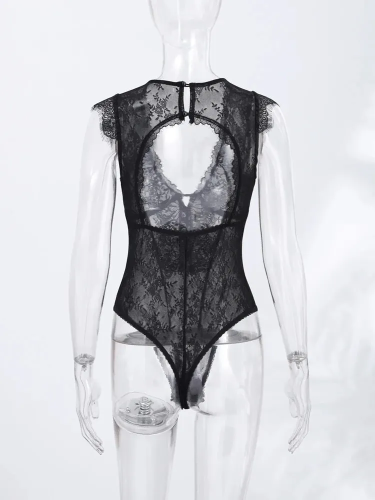 Women Lace Trim Bodysuit Sexy Woman Clotehs Sleeveless Deep V Neck Sheer Mesh Elegant Casual Party Top Spring Vacation Outfit