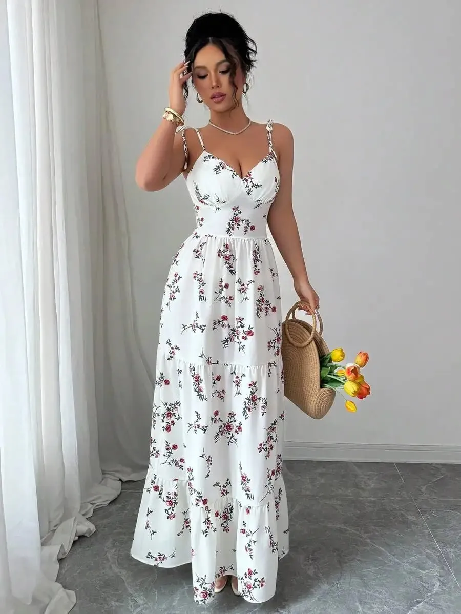 Women's Ditsy Floral Ruffle Hem Sleeveless Dress Vacation Appropriate Casual Maxi Gown for Spring/Summer