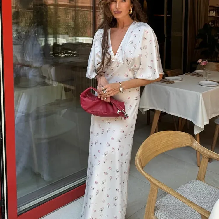 Organza Floral Printed Maxi Dress Fashion V-neck Puff Sleeve 2026 Spring/summer Romantic Women Party Gown Elegant Lady Vestidos