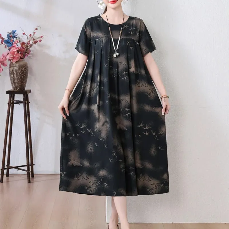 Yeni Moda Rahat 2026 Yaz Elbiseler Kadınlar Için Vintage Kısa Kollu O-Boyun Baskı Gevşek Çiçek Elbise Kadın Giysileri