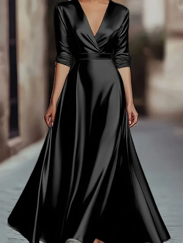 Spring/Autumn Collection: French-inspired Elegance Luxury-feel V-neck Long-sleeved Fitted Waist Dress Evening Gown for Banquets