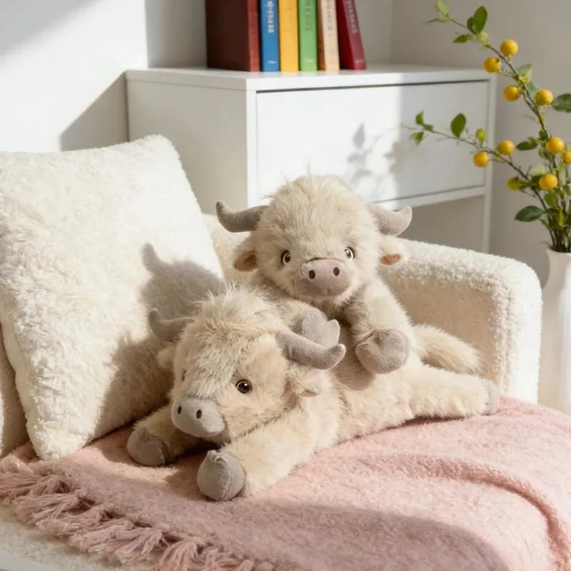 40cm Highland Cow Stuffed Animals Plush Lying Cattle Pillow Sofa Backrest Bed Cushion Birthday Gifts