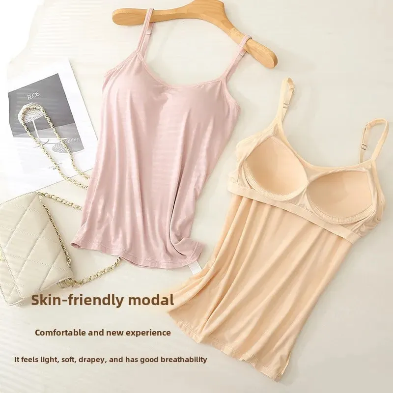 3XL For 45-85kg Modal Plus Size Camisole Tank Top With Fixed Cup Women's Chest Padded Outer Wear Bottoming Underwear Wear-Free
