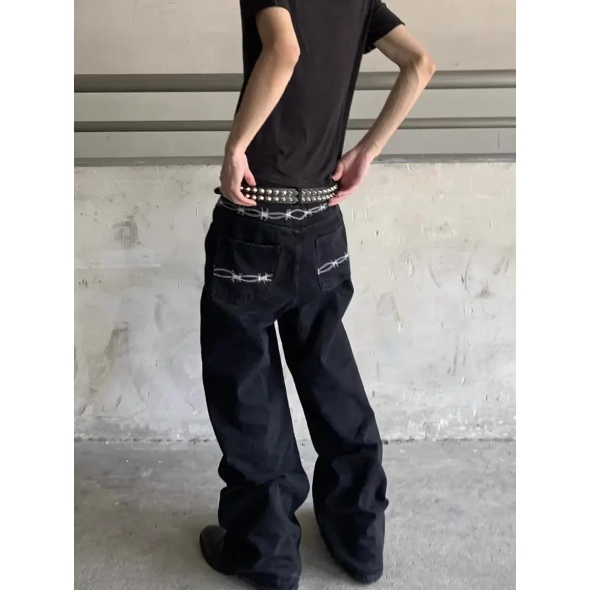 Estilo retro americano bordado preto original jeans masculino solto perna reta jeans juventude moda algodão mistura de poliéster