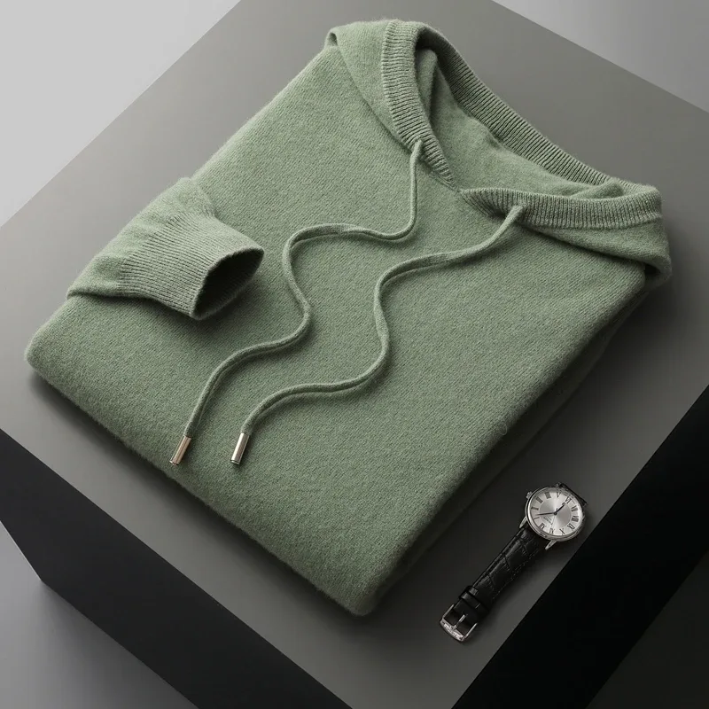 DjzDsm 100% Merino Wool Men's One-piece Ready-to-Wear Hoodie Knitted Sweatshirt Autumn Winter Casual Large Top Long Sleeved